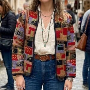Vintage 90s Bohemian Cottagecore Hippie Tapestry Velvet Patchwork Relaxed Jacket